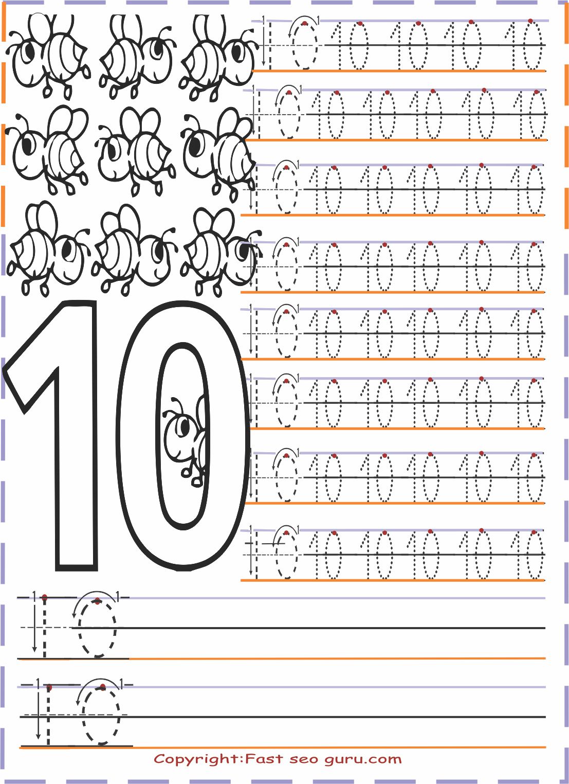 Numbers tracing worksheets 10 for preschool